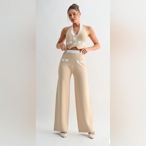 Evenuel Knit Halter Top & Wide Leg Pants Set  Size L NWT